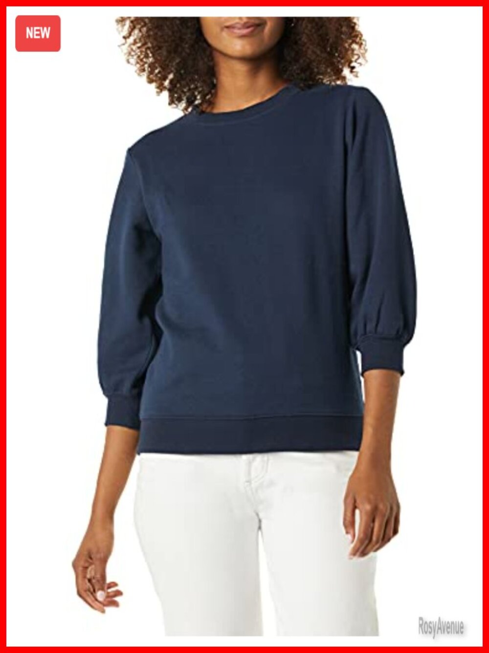 French Terry Fleece Crewneck Sweatshirt Blouson 3/4 Sleeve Loose Fit